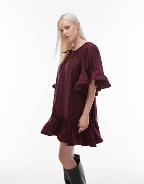 Vestido corto burdeos semitransparente con ribete de volantes en las mangas y lazada al cuello de & Other Stories - view 1