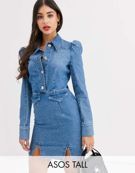 Vestido corto camisero estilo western de denim con manga abombada de ASOS DESIGN Tall