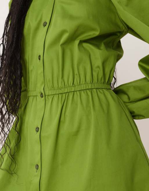 Vestido corto caqui abotonado de estilo blusón con lazada de popelina de ASOS DESIGN, 2 de 4