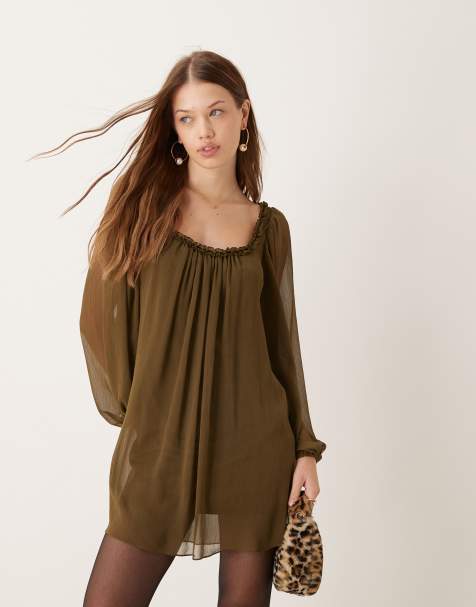 Vestido corto caqui amplio con volante al cuello de ASOS DESIGN - view 1