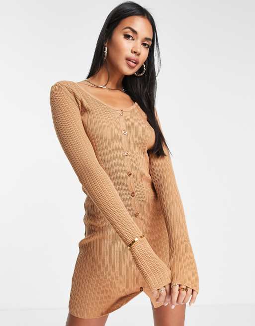 Vestido corto color camel abotonado de punto de canalé de ASOS DESIGN