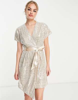 Vestidos de chiffon con escote alto ilusión y cintura cruzada Champán