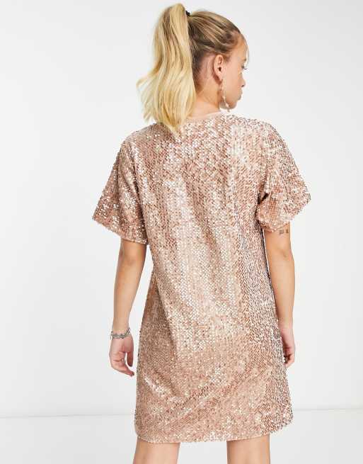 Vestido corto color champán estilo camiseta extragrande de lentejuelas de Twisted Wunder, 2 de 4