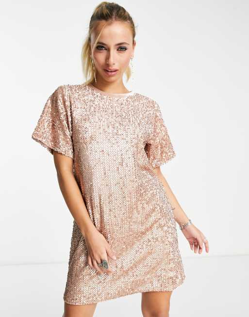 Vestido corto color champán estilo camiseta extragrande de lentejuelas de Twisted Wunder, 4 de 4