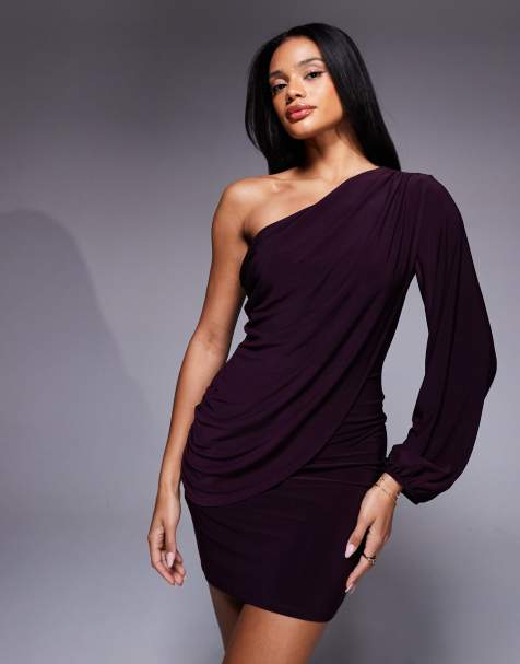 Vestido corto color ciruela asimétrico y drapeado de ASOS DESIGN - view 1