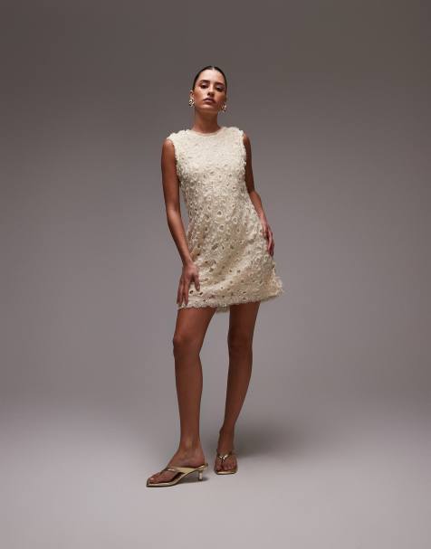 Vestido corto color crema de tul con diseño de cuentas y detalles calados de & Other Stories - view 1