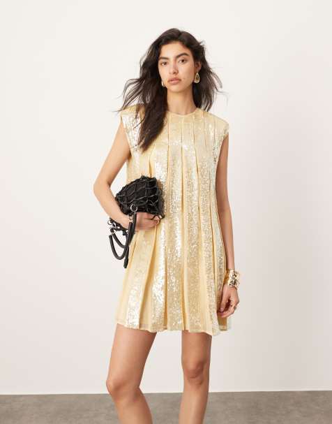 Vestido corto color crema plisado de corte trapecio con diseño integral de lentejuelas de ASOS EDITION - view 1