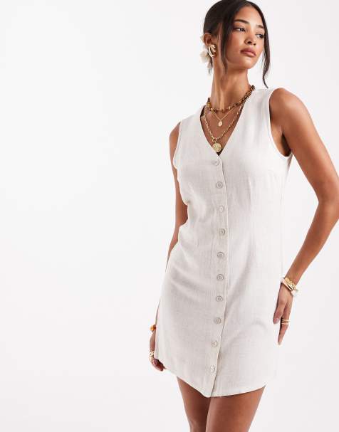 Vestido corto color crema sin mangas de mezcla de lino de ONLY - view 1