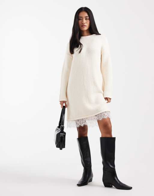 Vestido corto color crudo con detalle de ribete de encaje de punto de ASOS DESIGN