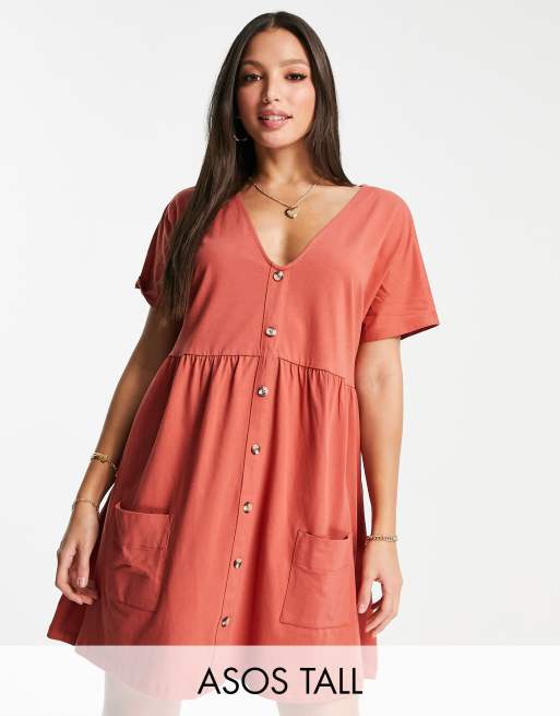 Vestido corto color jengibre abotonado de corte amplio extragrande de ASOS DESIGN Tall