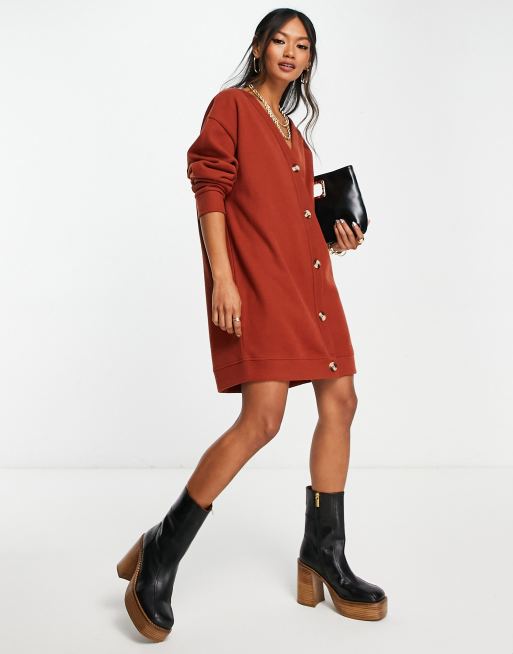 Vestido corto color óxido estilo cárdigan abotonado de punto supersuave de ASOS DESIGN