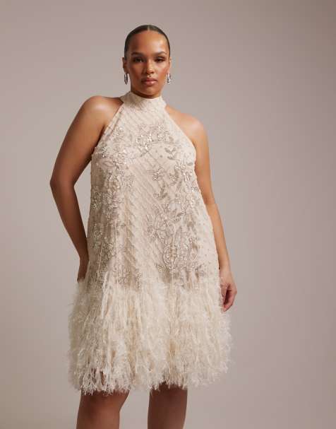 Vestido corto con cuello halter, adornos florales y bajo de plumas sintéticas de ASOS DESIGN Curve - view 1