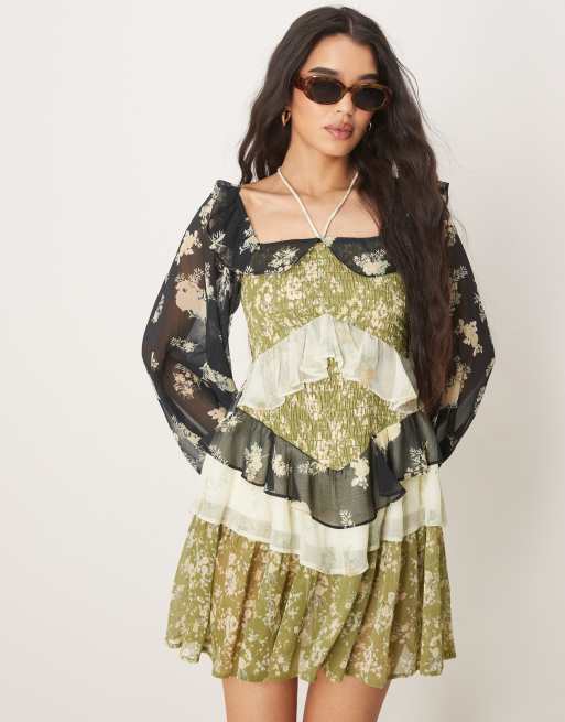 ASOS DESIGN halter neck frill mini dress in mixed ditsy print