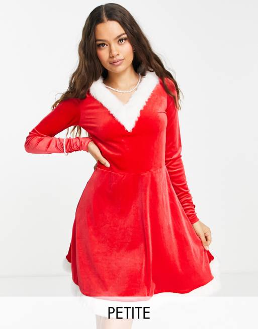 Vestido corto con diseño navideño de Papá Noel, capucha y ribete de piel sintética de velour de Threadbare Petite