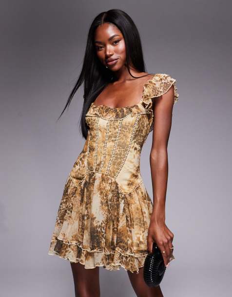 Vestido corto con estampado animal, cintura baja estilo corsé y volantes de ASOS DESIGN - view 1