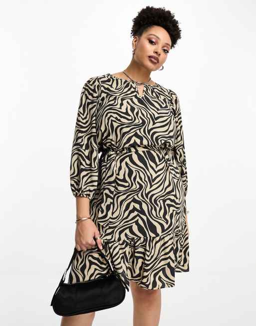 Vestido corto con estampado de cebra, mangas abullonadas y cinturón de Only Curve