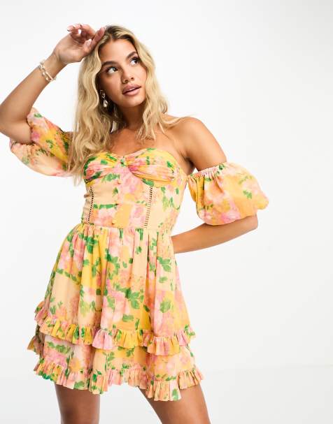 Vestido Amarillo shifón con tirantes y estampado de flores. - El Vestidor