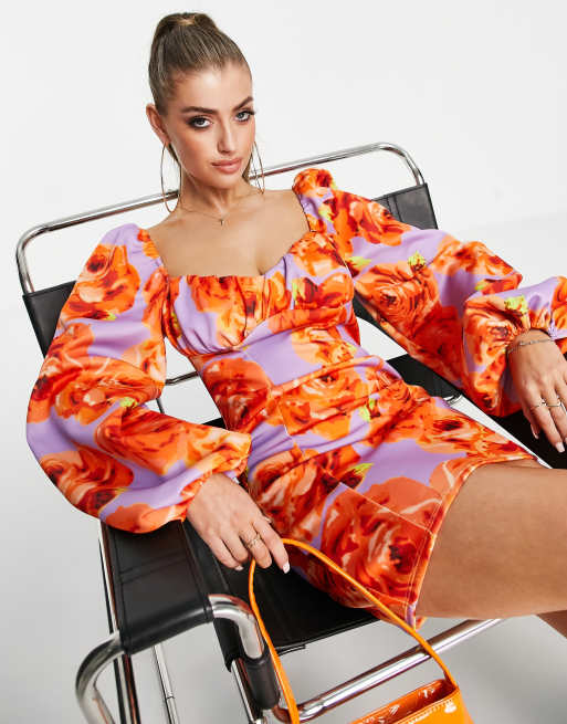 Vestido corto con estampado floral llamativo y mangas globo de ASOS DESIGN, 4 de 4