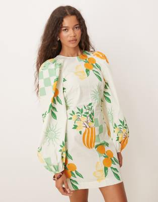 Vestido corto con estampado veraniego, mangas abullonadas y lazada trasera de ASOS DESIGN - view 1