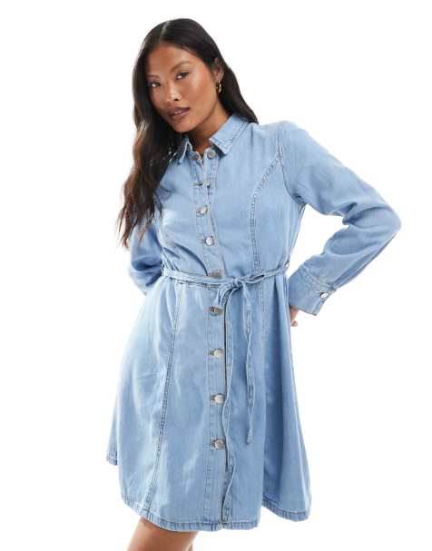 Vestido corto con lavado azul claro y lazada en la cintura de JDY Petite - view 1
