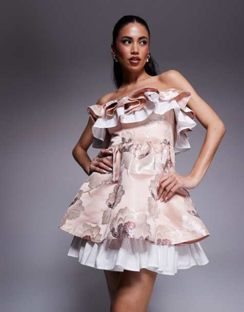 Vestido corto de corte skater con estampado floral y escote palabra de honor de jacquard con diseño plisado de popelina de ASOS LUXE - view 1