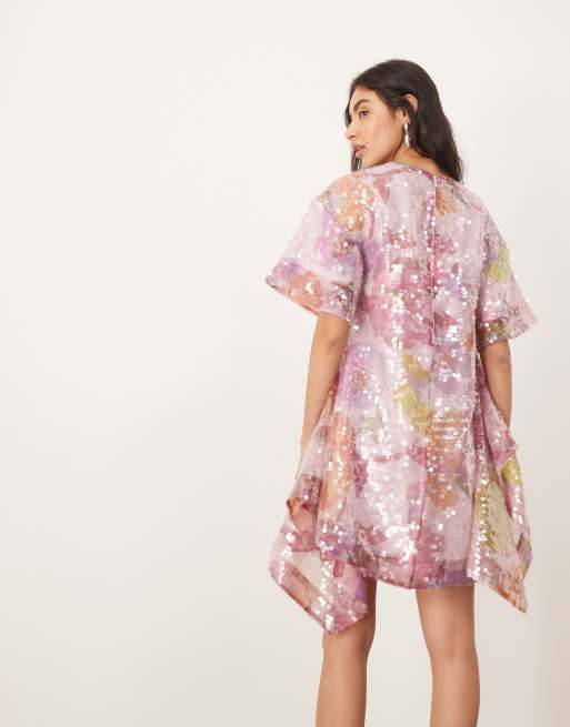 Vestido corto de corte trapecio asimétrico con estampado floral de lentejuelas de ARRANGE, 4 de 4