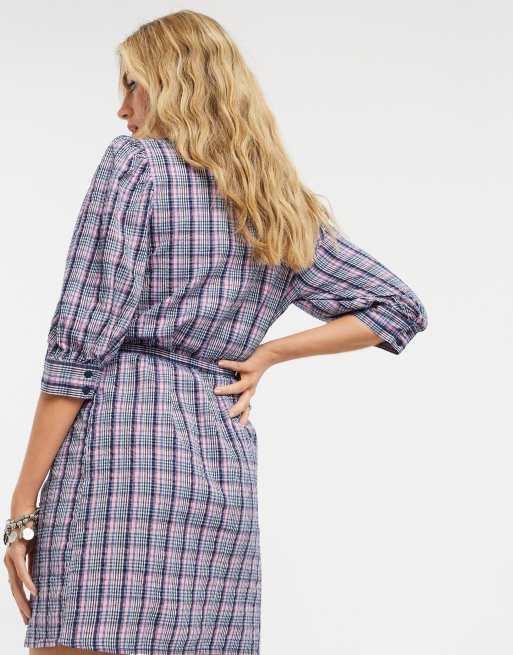 Vestido corto de cuadros azules con lazada en la cintura de Vila, 2 de 4
