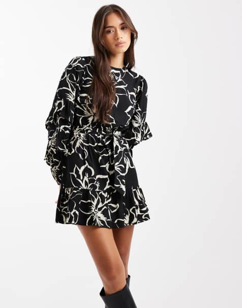 Vestido corto de manga larga con estampado floral abstracto y lazada en la cintura de Wednesday's Girl - view 1