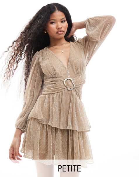 Vestido corto dorado plisado con abertura de Forever New Petite - view 1
