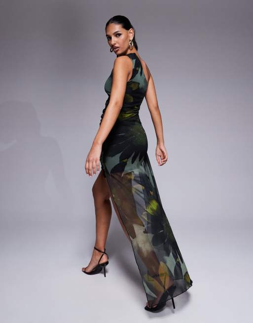 Vestido corto en tonos oscuros asimétrico drapeado con estampado floral extragrande de malla de ASOS DESIGN, 2 de 4