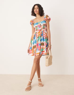 Vestido corto estampado con escote cuadrado y cintura ceñida con bandas elásticas de ASOS DESIGN - view 1