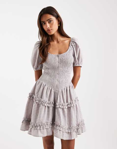 Vestido corto fruncido a cuadros claros con volantes y cintura baja de Daisy Street - view 1