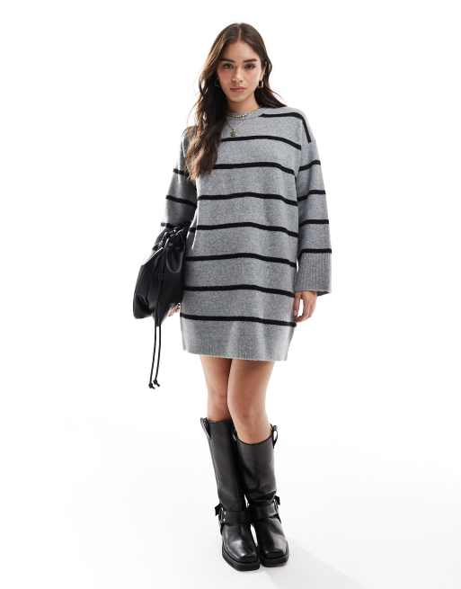 Vestido corto gris a rayas con cuello redondo y puños anchos de ASOS DESIGN, 4 de 4