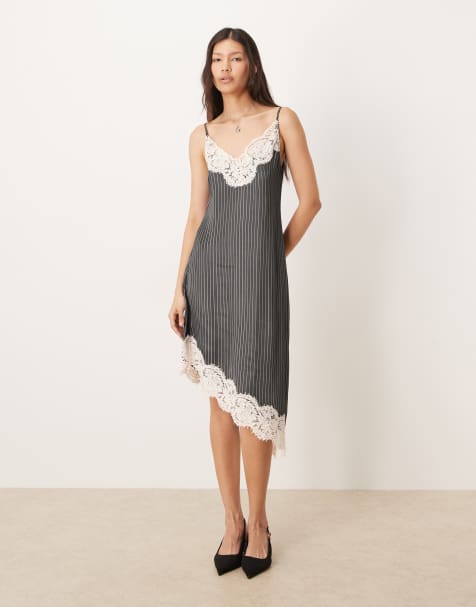 Vestido corto gris asimétrico de tirantes de satén con raya diplomática y cuerpo de encaje de ASOS DESIGN - view 1