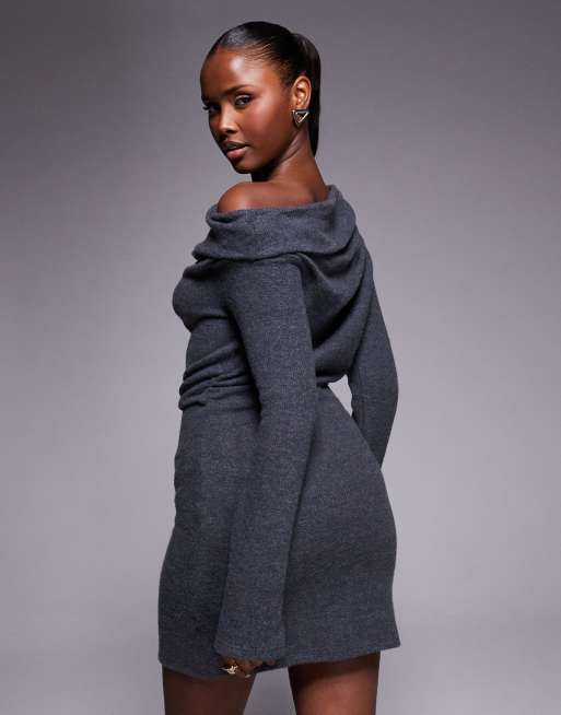 Vestido corto gris carbón con hombro caído de tejido mullido de ASOS DESIGN, 2 de 4