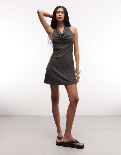 Vestido corto gris con cuello halter drapeado y estampado de devoré de Weekday - view 1