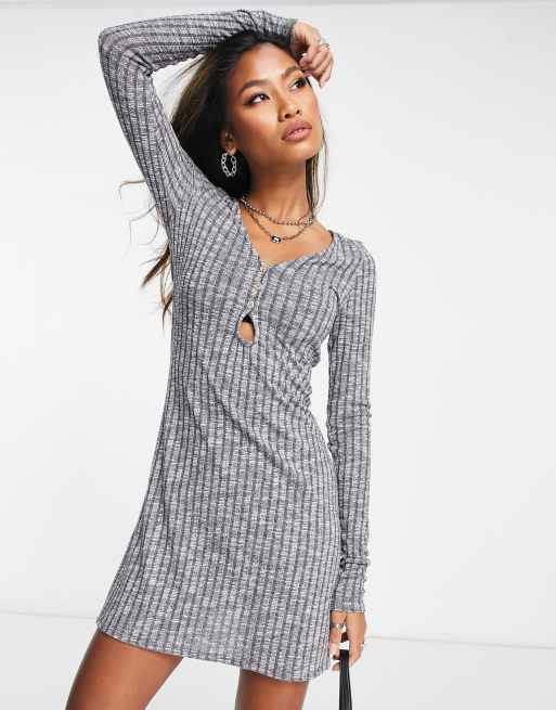 Vestido corto gris de manga larga de canal de hilos mezclados de ASOS DESIGN