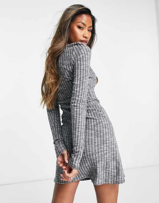 Vestido corto gris de manga larga de canal de hilos mezclados de ASOS DESIGN