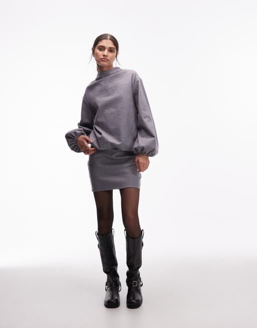 Vestido corto gris estilo blusón de cuello alto con mangas abombadas de ASOS DESIGN, 2 de 4