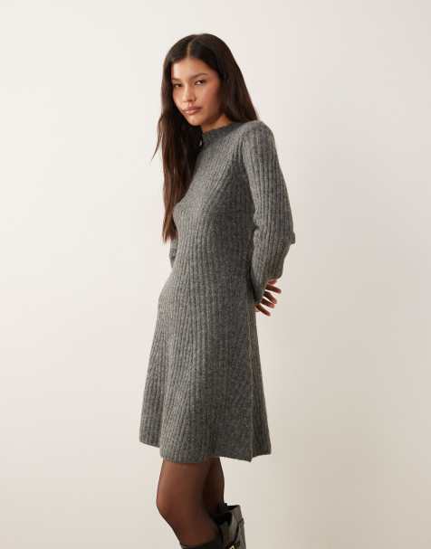 Vestido corto gris jaspeado de punto acanalado premium de YAS - view 1