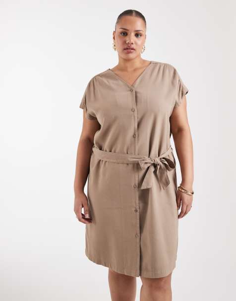 Vestido corto gris topo con lazada en la cintura de ONLY Curve - view 1