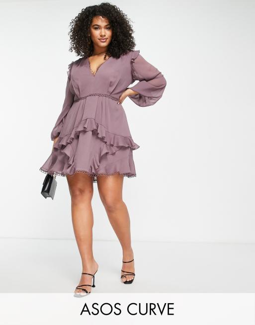 Vestido corto malva de manga larga con ribete con detalles circulares de ASOS DESIGN Curve