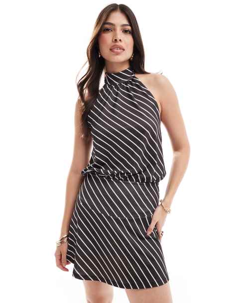 Vestido corto marrón a rayas con cuello halter subido de ASOS DESIGN - view 1