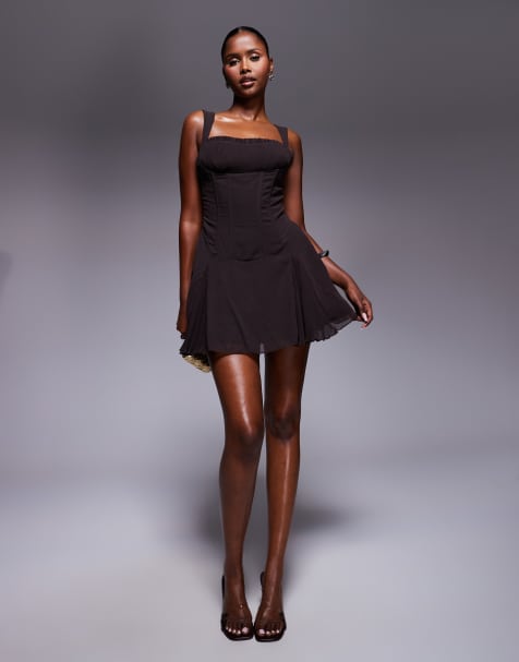 Vestido corto marrón chocolate con cintura estilo corsé y falda plisada de chifón exclusivo de Murci - view 1