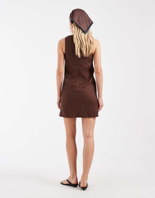 Vestido corto marrón chocolate con cuello barco de lino puro de & Other Stories , 2 de 4