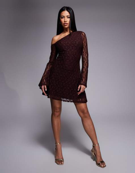Vestido corto marrón chocolate con escote Bardot de encaje de ASOS DESIGN - view 1