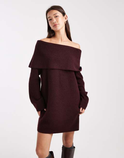 Vestido corto marrón chocolate con escote Bardot plegado de Miss Selfridge, 2 de 4