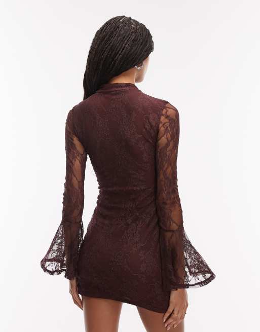 Vestido corto marrón chocolate con mangas acampanadas y cuello mao de encaje de ASOS DESIGN, 4 de 4
