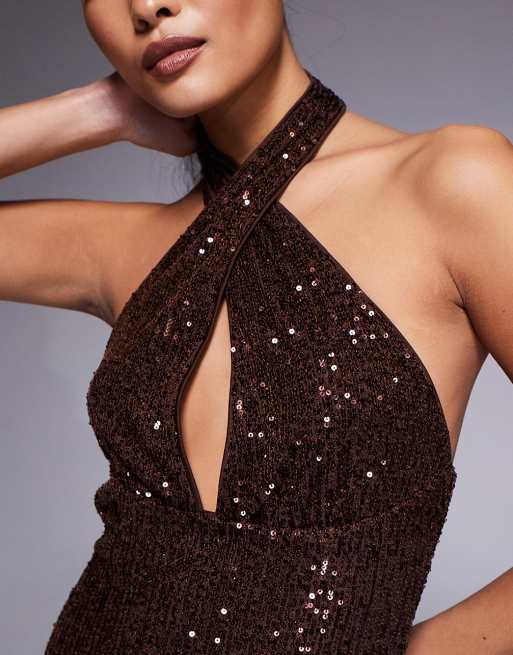 Vestido corto marrón chocolate de lentejuelas de ASOS DESIGN Petite, 3 de 4