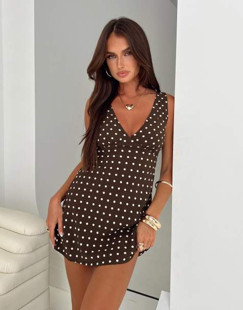 Vestido corto marrón con estampado de lunares y lazada en la espalda Nellie de Princess Polly - view 1